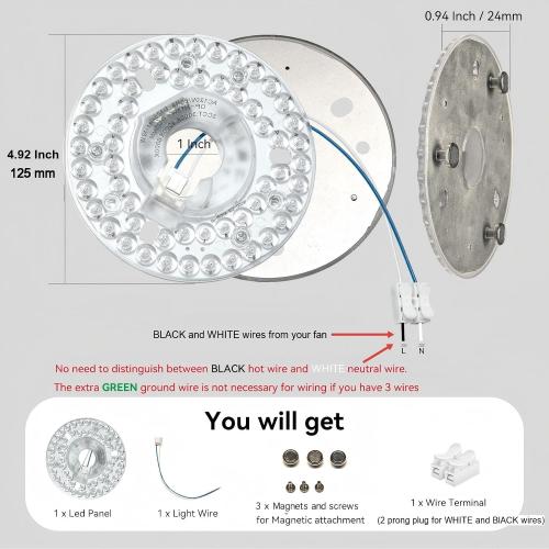 4.92 Ceiling Fan LED Light Board Replacement Upgrade Retrofit Kit Bright Dimmable 120V 18W 3CCT 3000K 4000K 6000K Daylight 1800LM PCB, Magnetic Easy Install in 5min (cover or shade NOT included)