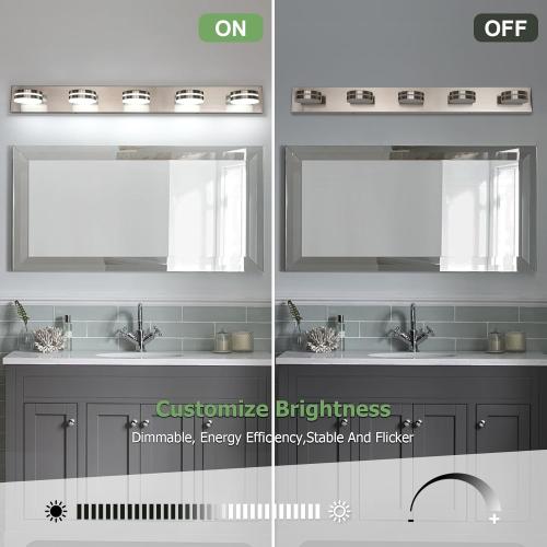 Bicrink Brushed Nickel Bathroom Light Fixtures Over Mirror, 5-Light Bathroom Vanity Light, LED Dimmable Bath Lights, Modern Wall Mounted Lighting Fixture with Rotating Lamp Head