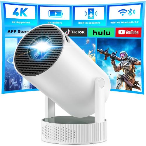 Mini Projector, Projector with Wifi and Bluetooth Built-in Battery 4K Portable Projector for Outdoor Bedroom, Smart Projectors 1080P Compatible with iphone/TV Stick/HDMI/Laptop