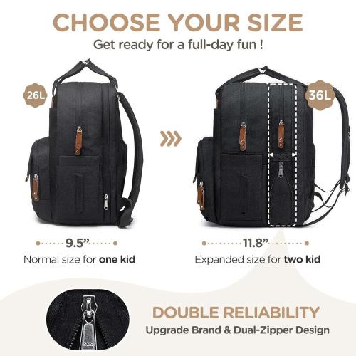 Extra Large Diaper Bag Backpack for Two Kids Twins - Expandable Baby Bag (26-36L), Dual Big Compartments - Includes Changing Pad & Stroller Straps, Unisex Black