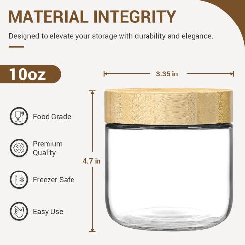 Set of 4 NETANY 4-pack 10oz Glass jars with Airtight Lids, Overnight Oats Containers with Bamboo Lids, Wide mouth Mason Salad jars, Glass Food Storage Containers for Snacks Yogurt Spice Sugar