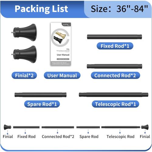 YNL Matte Black Shower Curtain Rod 36-84 Inch(3-7ft), No Slip No Drill Stainless Steel Spring Tension Curtain Rod, No Rust Shower Rod Adjustable For Bathroom Window Bedroom