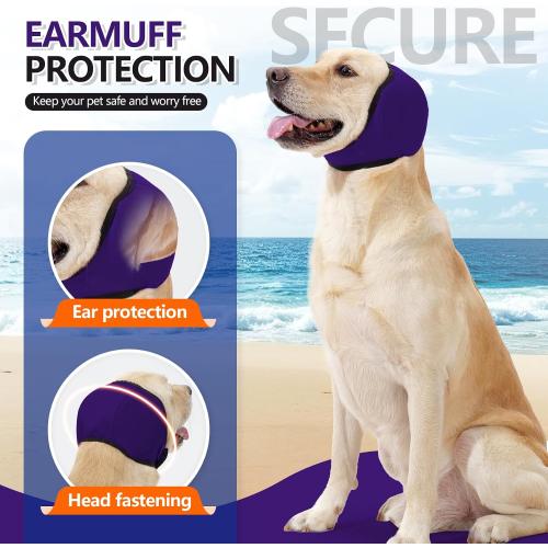 Dog Ear Muffs & No Shake Ear Wrap for Hematoma, Bathing, Drying & Noise Anxiety Relief - Elastic Waterproof Ear Protector with Calming Hoodie Design for Grooming (Purple, L)