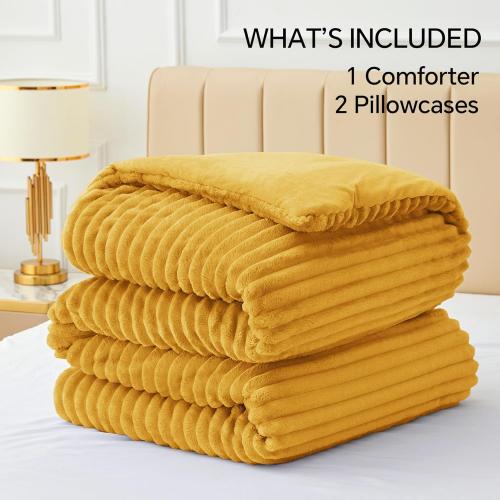 BEDELITE Fleece Queen Comforter Set -Super Soft & Warm Fluffy Mustard Yellow Bedding, Luxury Fuzzy Heavy Bed Set for Winter with 2 Pillow Cases