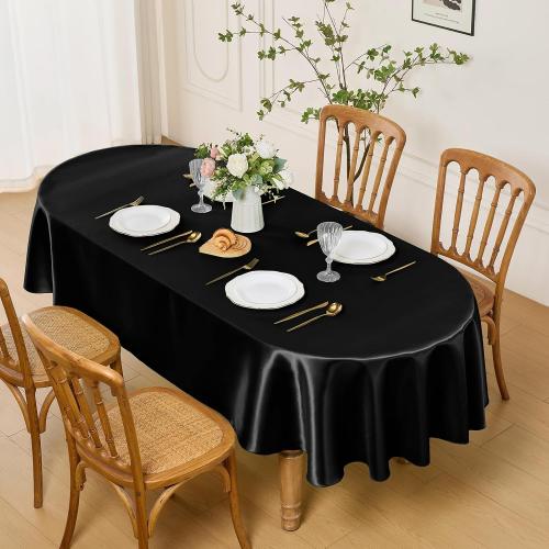 Entisn Oval Satin Tablecloth Green  60x84 Inch, Lock-Stitched Edge