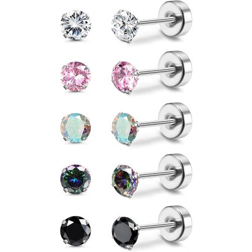 MILACOLATO 5 Pairs Titanium Earrings for Women Men G23 Pure Titanium Earrings for Sensitive Ears Cubic Zirconia Surgical Stainless Steel Flat Back Stud Earrings Hypoallergenic Piercing Sleeper Cartilage Screwback Studs