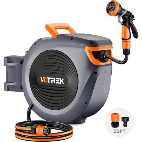 Retractable Garden Hose Reel Outside [1/2 inch ×100 FT], VOTREK Automatic Rewind Wall Mounted Hose Reel [Heavy Duty] with Any Length Lock, 180° Swivel Bracket, 9 Modes Nozzle for Watering Cleaning