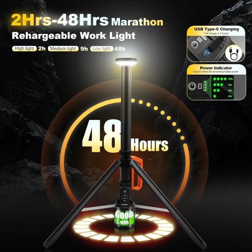 SYLSTAR 360° Rechargeable Work Light with Remote &Telescopic Stand (8.4Ft), 3000LM Ultra Bright 3CCT Dimmable, 6000mAh Battery, Portable Camping Light for Jobsite Workshop Sports Emergencies
