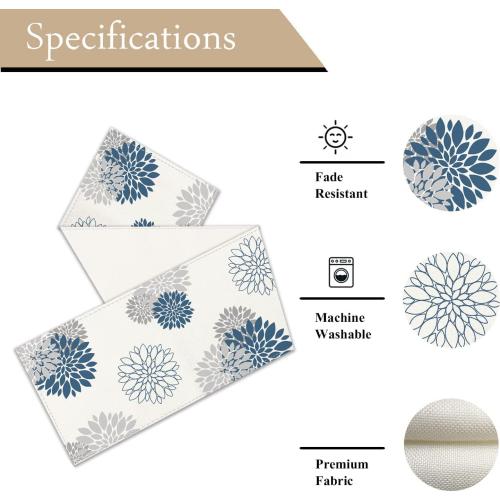 Blue Gray Table Runner Dahlia Pinnata Flower Beige Table Runners Modern Elegant (13 x 36 Inch)