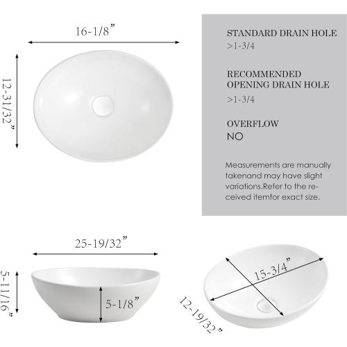 16'' X 13'' Oval Bathroom Vessel Sink,Ceramic Bathroom Sink Bowl, Countertop Modern Egg Shape Above Counter White Vessel Sink Bowl,Porcelain Ceramic Art Basin（LA-2215）