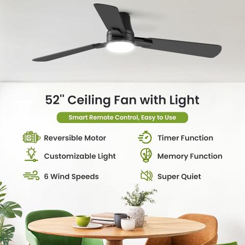 Ceiling Fans with Lights and Remote: 52 Inch Modern Black Ceiling Fan, Low Profile Flush Mount, Quiet Reversible DC Motor & 3CCT Dimmable LED for Bedroom Living Room Kitchen Indoor Outdoor