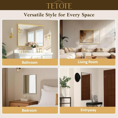 TETOTE Brushed Gold Mirror for Bathroom Sink 24 x 36 Beveled Frame Brushed Gold Brass Vanity Rectangle Mirror for Bathroom Wall, Modern Farmhouse, Tempered Glass, Stronger Frame