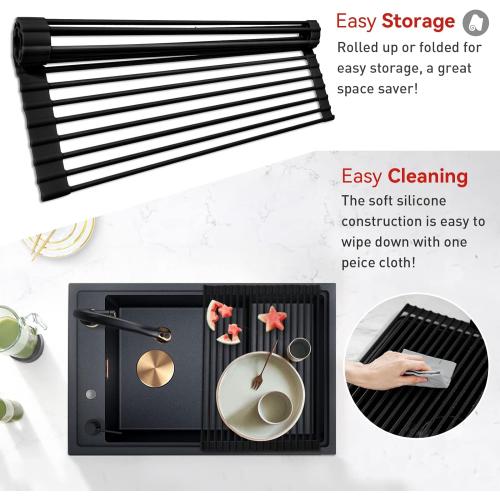 MERRYBOX 20.5 x 13 Roll Up Dish Drying Rack Silicone Wrapped Over The Sink Dish Drying Rack Multipurpose Foldable Sink Drying Mat, Heat-Resistant & Anti-Rust Dish Rack for Kitchen Sink, Large, Black
