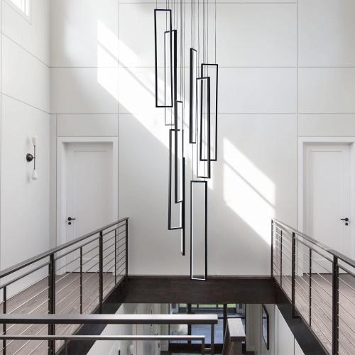 9 Lights Modern High Ceiling Chandelier, Large Long Pendant Light for Stairs, Entryway, Black Long Cluster Chandelier Light. (NO TEST)