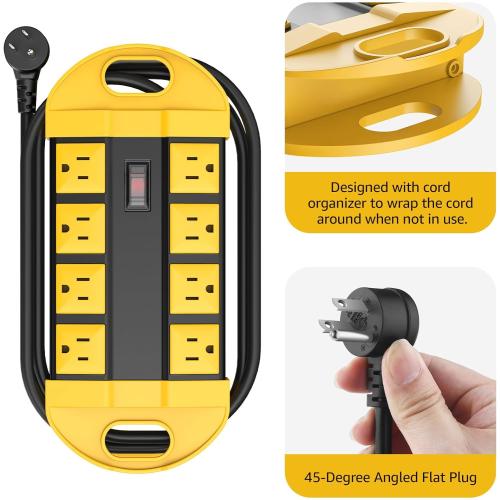 CCCEI 2 Outdoor Power Strips Weatherproof with 8 Plug, Waterproof Extension Cord with Multiple Outlets, Christmas Exterior Garden Yard Surge Protector 6FT, Yellow.