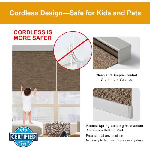 Size  23 W x 72 H Color brown Persilux Free-Stop Cordless 100% Blackout Roller Shades for Indoor Windows, Natural Woven Fabric UV Protection Privacy Thermal Insulated Roller Window Shades for Home, Bedroom, Brown 23 W x 72 H