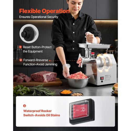 VEVOR Commercial Electric Meat Grinder, 7 lbs/min Capacity, #12 Industrial Meat Mincer with 2 Stainless Steel Blades, 2 Grinding Plates, 850W Heavy-Duty Sausage Maker Stuffer, for Kitchen, Restaurant