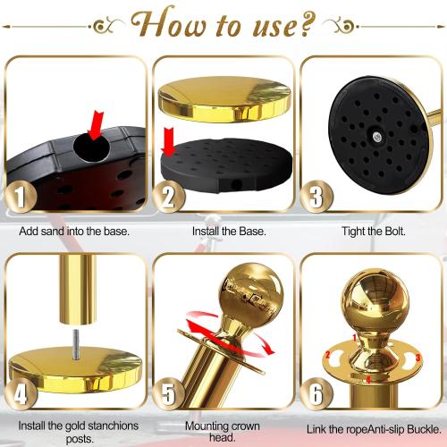 6PCS Gold Stanchions Posts with 4PCS 5 ft Red Velvet Rope, Red Velvet Rope Stanchion Set Crowd Control Barriers, Stanchions and Velvet Ropes Red Carpet Poles for Party Supplies