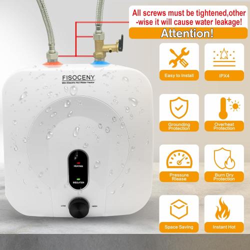 2.5 Gallon Mini Tank Water Heater Under Sink Hot Water 1500W 120V Water Heaters for RV Kitchen RV 1/2”NPT Stainless Steel Hose 3-way Fitting White