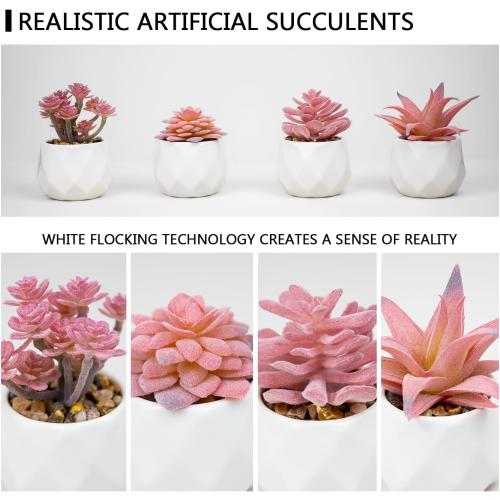 VIVERIE Mini Succulents Plants Artificial in Pots-Rose Pink, Christmas Small Fake Succulents Plants for Home Halloween Decor Indoor for Women, White Ceramic, Set of 4, Gifts for Mom