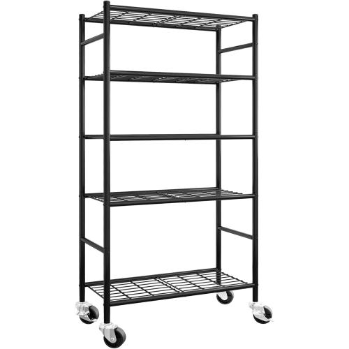 Sakugi Storage Shelves Organizer - 5 Tier Metal Shelf Organizer with Metal Wheels and Adjustable Leveling Feet, Heavy Duty Garage Shelving for Kitchen, Pantry and Closet, 33.1x12.6x73.5, Black