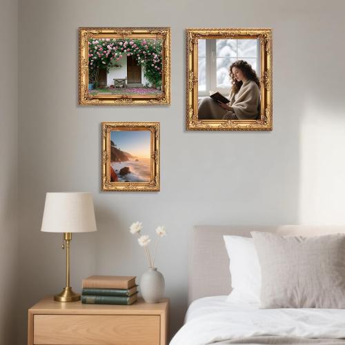 Wooden Vintage Picture Frame 8x10 Antique Gold Photo frame with Acrylic Glass for Photo Display Baroque Tabletop Wall Hanging Home Decor Picture Frames
