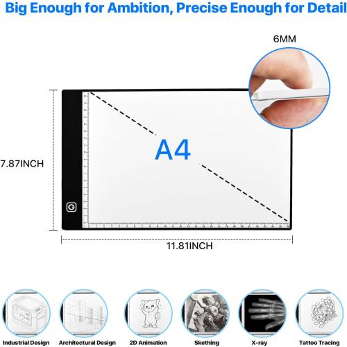 A4 LED Light Box for Tracing and Drawing - Ultra Thin Adjustable Light Table, USB Trace Light UP Pad Screen, Small Copy Board Tracer for Kids Artists, Sketching, Stenciling, and Art Crafting.