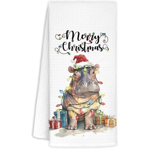 Christmas Hippo Kitchen Hand Towels,Christmas Decorations Tea Towels Dish Rags,Gifts for Women Hippo Lovers,Xmas Kitchen Bathroom Decor,16x24 Inch
