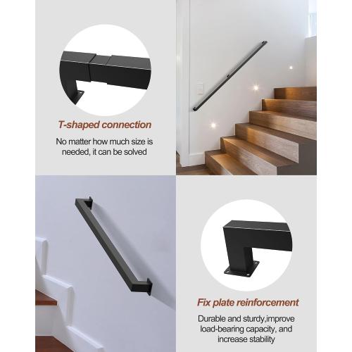 Square Tube Handrail,Wall Mount Staircase Handrail Modern Pipe Stair Industrial Stair Rail for Indoor Outdoor Steps,440lbs Load,Carbon Steel Non-Slip Grab Handle for Loft Porch 4 Section