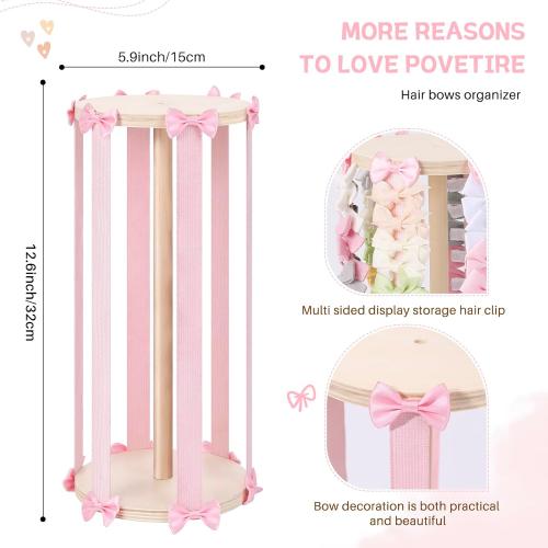 POVETIRE Hair Bow Holder for Girls, Pink Hair Clip Organizer, Hairbow Organizers Rack Display Decors Baby Nursery Toddler Girls Room