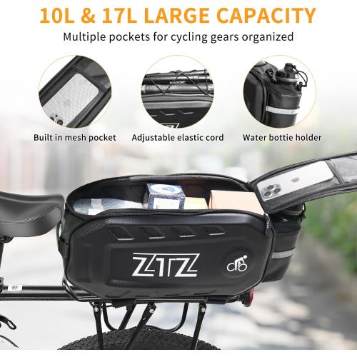 ZTZ 2025 Upgraded Biking Universal Bike Bags - 10L/17L Hard Shell Bike Bag with Perfect Size and Made of 100% PU & EVA, Bike Rack Bag with Reflector, Hand Strap for Commuter Travel Outdoor