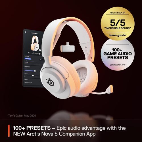 SteelSeries Arctis Nova 5 Wireless Multi-System Gaming Headset — White — Neodymium Magnetic Drivers — 100  Audio Presets — 60 HR Battery — 2.4GHz or BT — Gen2.X Mic — PC, PS5, PS4, Switch, Mobile