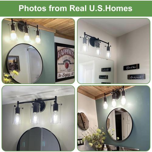 Bathroom Light Fixtures Upgrade, 3-Light Matte Black Vanity Light, Black Bathroom Lights Over Mirror with Clear Glass Shade, Wall Sconces for Mirror Bedroom Living Room Hallway