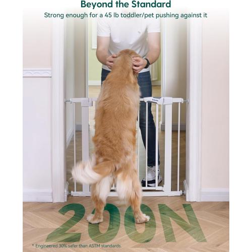 BABELIO 36 Tall Dog Gate PressGuard C5, 26-40 Wide Auto Close Baby Gate, Pressure Mounted Metal Pet Gate, Easy Install No Drilling, No Tools Needed, with Wall Protectors and Extension Kits, White