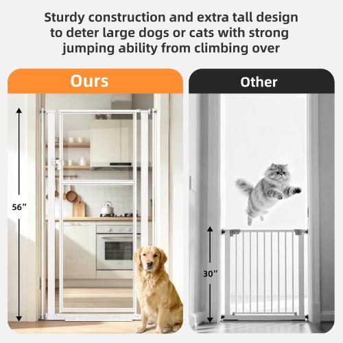 56 Extra Tall Pet Gate for Cats, 29.5-33.5 Wide Pressure Mount Clear Acrylic Tall Dog Gate Safety Barrier, No Drilling Gate Indoor for Doorways Hallway, White