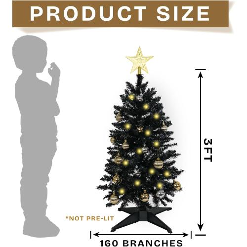 Sunshine Black Christmas Tree with Light 3ft Artifical Full Christmas Tree with Ball & Star Ornaments 8 Lighting Modes for Holiday Decor