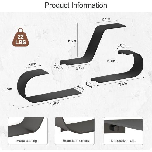 Black Floating Shelves Set of 3, Black Metal Decor, Unique Mounted Floating Shelf, Modern Long Wall Shelf, Large Wall Shelves for Bedroom, Bathroom, Living Room