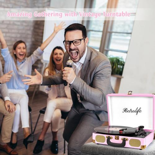 Vinyl Record Player 3-Speed Bluetooth Suitcase Portable Belt-Driven Record Player with Built-in Speakers RCA Line Out AUX in Headphone Jack Vintage Turntable Pink