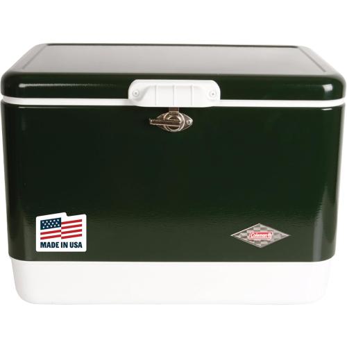 Coleman Vintage 54qt Steel Belted Cooler, Keeps Ice Up to 4 Days, 85-Can Capacity Hard Cooler with Drain & Have-A-Seat Lid has a few dents on lid and front