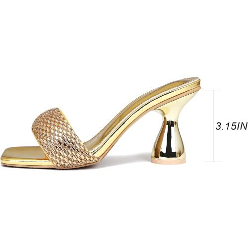 SIZE 9 Women's Rhinestone Chunky Heel Mules Sandals Square Open Toe Slip On Kitten Heeled Backless Slides Slippers Fashion Wedges Pumps Dress Shoes Sexy