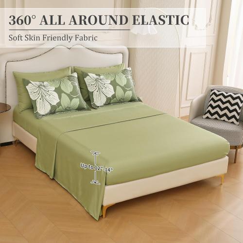 Luxudecor Floral Comforter Set Queen Size, 7 Pieces Bed in a Bag Olive Green Floral Comforter and Sheet Set, Soft Microfiber Green Complete Bedding Sets for All Seasons