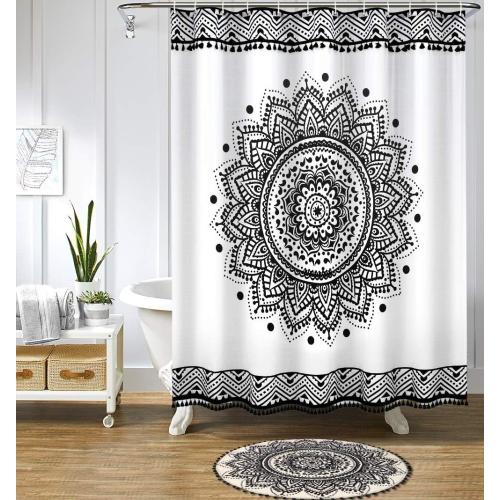 Uphome Boho Round Rug for Bedroom 3' Circle Beige and Black Bathroom Rug with Pom Poms Fringe Washable Mandala Accent Throw Rugs Non-Slip Soft Floor Mat for Entryway Living Room Sofa Kids Room Nursery