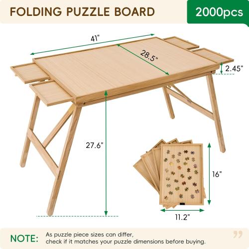 TEAKMAMA 27.6 H Tall 2000 Piece Puzzle Table with Legs, 41 W x 28.5 D Large Wood Folding Jigsaw Puzzle Board with Cover for Adults, 4 Drawers, Nature