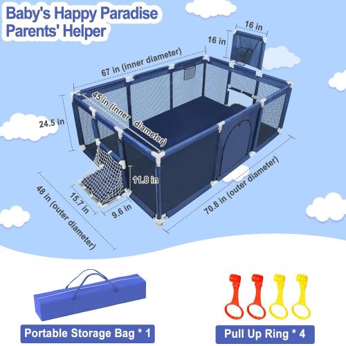 Baby Playpen Large Playpen for Babies and Toddlers, Sturdy Baby Ball Pit w/Basketball Hoop Soccer Net, Indoor Outdoor Children's Fence Play Pen Activity Center Play Area, Infant Safety Gates(Blue)