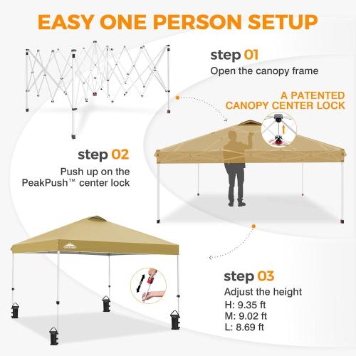 EAGLE PEAK 10x10 Pop Up Canopy Tent Easy Up Canopy Outdoor, Beige | Patented PeakPush™ Center Lock, 1 Person Setup Portable Pop Up Tent, Beach, Markets, Camping Sport Events, Wheeled Carry Bag