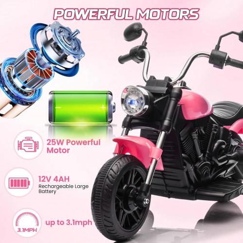 Kids Motorcycle, 12V Battery Powered Electric Motorcycle, 3-Wheel Ride On Motorcycle w/Training Wheels, Reverse, Headlight, Horn, Music, Ride On Toy for Kids Toddler Boys Girls Ages 3-5 Years (Pink