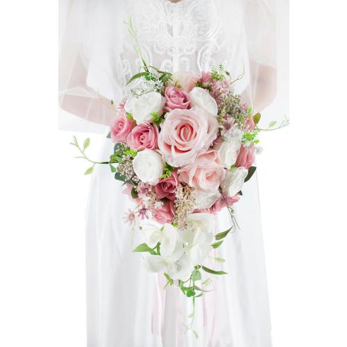 10 Inch Dusty Rose Wedding Bouquets for Bride Artificial Roses Flower Cascading Cascade Bridal Bouquet for Rustic Boho Fall Vintage Wedding Ceremony Party and Anniversary