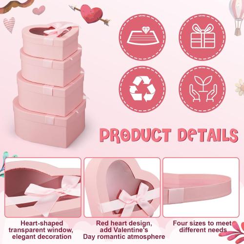 4 Pcs Valentine Flower Boxes Heart Shaped Boxes Floral Gift Box Assorted Sizes with Transparent Window Lids and Ribbons for Luxury Flower Gift Arrangements Wedding(Pink)