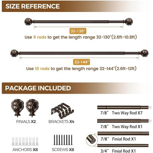 KAMANINA Curtain Rods for Windows 72 to 144 Inches (6-12ft) Long Heavy Duty Curtain Rod, 7/8 Inch Adjustable Decorative Drapery Rods with Netted Texture Finials, Bronze, Size: 32-144