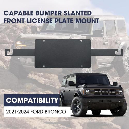 Front License Plate Relocation Bracket for 2021-2024  Ford Bronco with Factory Capable Bumper, No-Drill Mounting Kit, Relocates Plate Away from Fog Lights & Sensors (Compatible with 2/4 Door)